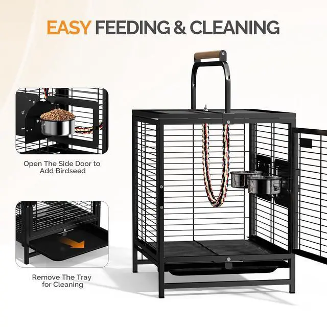 Alt view image 6 of 7 - VINGLI Small Bird Cage, 19 inch Travel Carrier Bird Cage with Handle, Wrought Iron Parakeet Cage with Wooden Perch for Parrot Lovebirds Finches Small/Medium Birds (Matte Black)