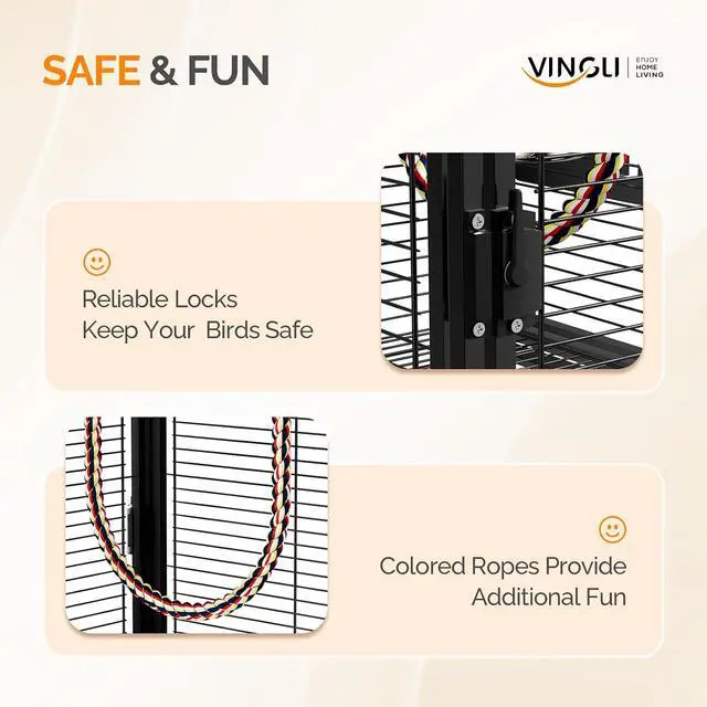 Alt view image 7 of 7 - VINGLI Small Bird Cage, 19 inch Travel Carrier Bird Cage with Handle, Wrought Iron Parakeet Cage with Wooden Perch for Parrot Lovebirds Finches Small/Medium Birds (Matte Black)