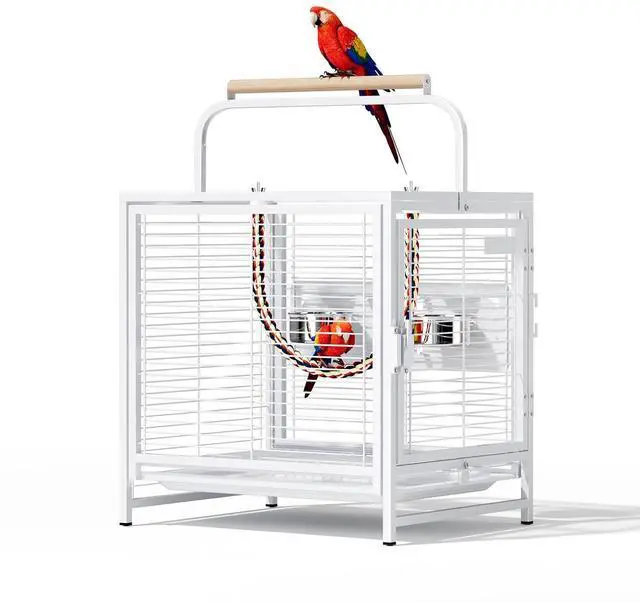 Main image of VINGLI Small Bird Cage, 19 inch Travel Carrier Bird Cage with Handle, Wrought Iron Parakeet Cage with Wooden Perch for Parrot Lovebirds Finches Small/Medium Birds (White)