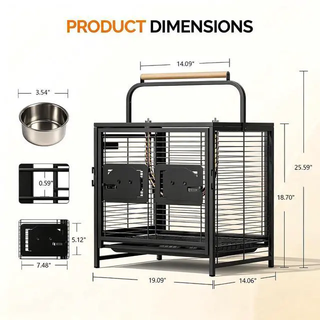 Alt view image 5 of 7 - VINGLI Small Bird Cage, 19 inch Travel Carrier Bird Cage with Handle, Wrought Iron Parakeet Cage with Wooden Perch for Parrot Lovebirds Finches Small/Medium Birds (Matte Black)