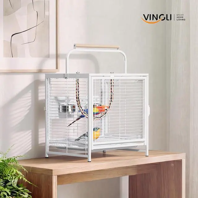 Alt view image 2 of 7 - VINGLI Small Bird Cage, 19 inch Travel Carrier Bird Cage with Handle, Wrought Iron Parakeet Cage with Wooden Perch for Parrot Lovebirds Finches Small/Medium Birds (White)
