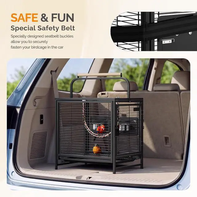 Alt view image 4 of 7 - VINGLI Small Bird Cage, 19 inch Travel Carrier Bird Cage with Handle, Wrought Iron Parakeet Cage with Wooden Perch for Parrot Lovebirds Finches Small/Medium Birds (Matte Black)