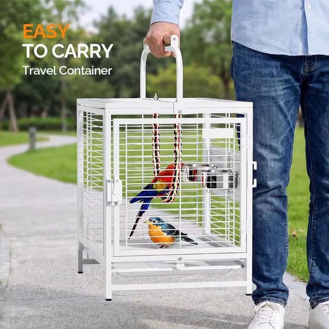 Alt view image 3 of 7 - VINGLI Small Bird Cage, 19 inch Travel Carrier Bird Cage with Handle, Wrought Iron Parakeet Cage with Wooden Perch for Parrot Lovebirds Finches Small/Medium Birds (White)