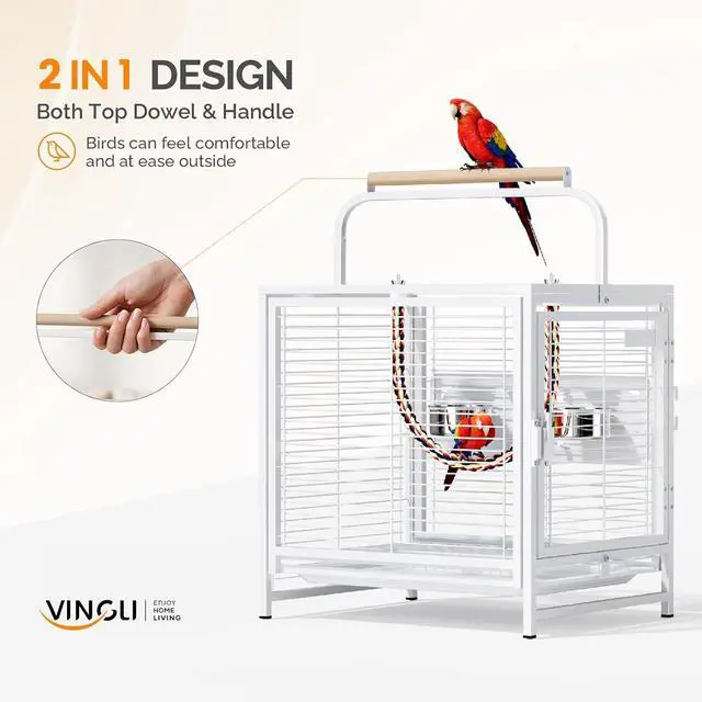 Alt view image 5 of 7 - VINGLI Small Bird Cage, 19 inch Travel Carrier Bird Cage with Handle, Wrought Iron Parakeet Cage with Wooden Perch for Parrot Lovebirds Finches Small/Medium Birds (White)