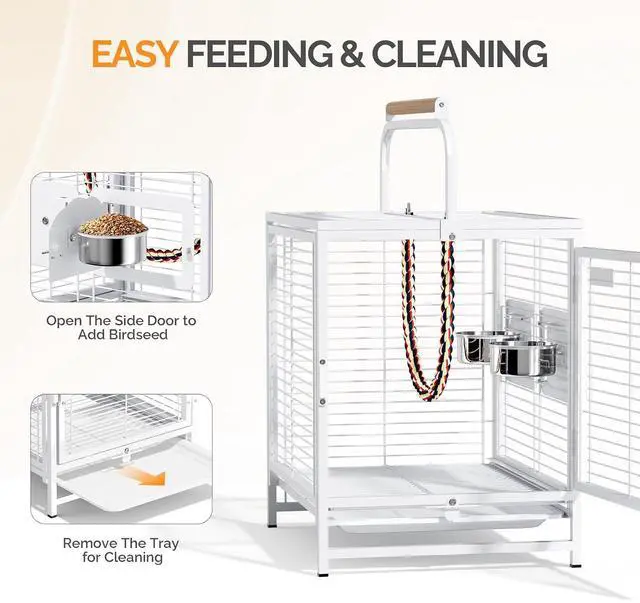 Alt view image 7 of 7 - VINGLI Small Bird Cage, 19 inch Travel Carrier Bird Cage with Handle, Wrought Iron Parakeet Cage with Wooden Perch for Parrot Lovebirds Finches Small/Medium Birds (White)