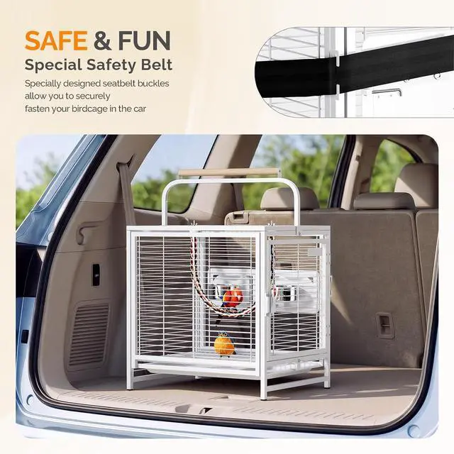 Alt view image 4 of 7 - VINGLI Small Bird Cage, 19 inch Travel Carrier Bird Cage with Handle, Wrought Iron Parakeet Cage with Wooden Perch for Parrot Lovebirds Finches Small/Medium Birds (White)
