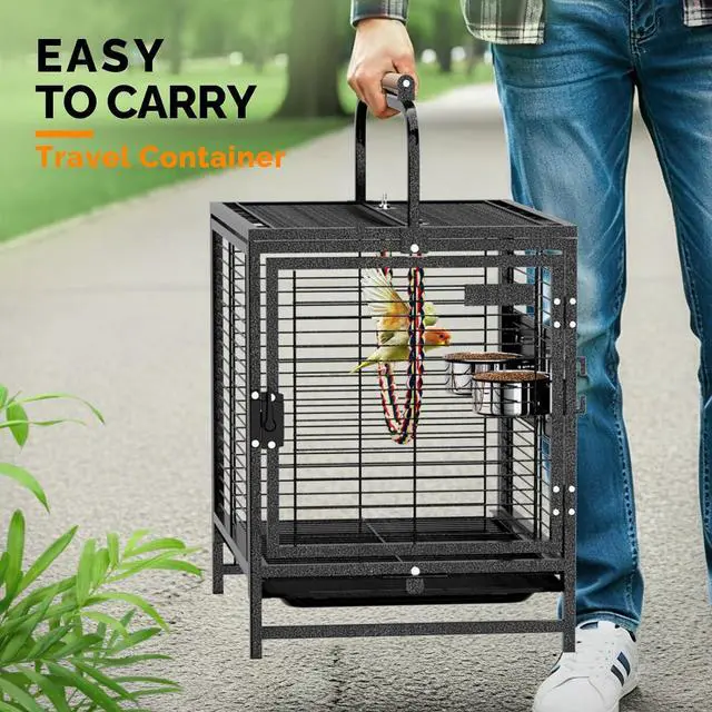 Alt view image 2 of 7 - VINGLI Small Bird Cage, 19 inch Travel Carrier Bird Cage with Handle, Wrought Iron Parakeet Cage with Wooden Perch for Parrot Lovebirds Finches Small/Medium Birds (Hammertone Black)