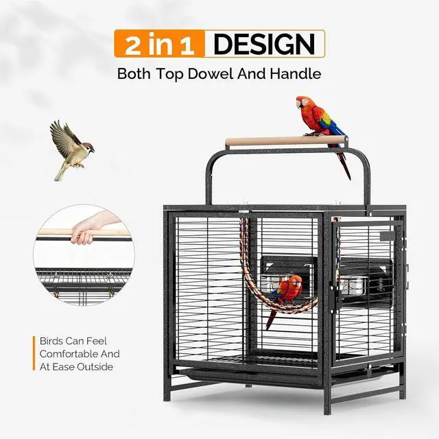 Alt view image 3 of 7 - VINGLI Small Bird Cage, 19 inch Travel Carrier Bird Cage with Handle, Wrought Iron Parakeet Cage with Wooden Perch for Parrot Lovebirds Finches Small/Medium Birds (Hammertone Black)