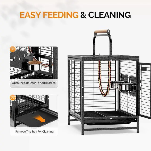 Alt view image 4 of 7 - VINGLI Small Bird Cage, 19 inch Travel Carrier Bird Cage with Handle, Wrought Iron Parakeet Cage with Wooden Perch for Parrot Lovebirds Finches Small/Medium Birds (Hammertone Black)
