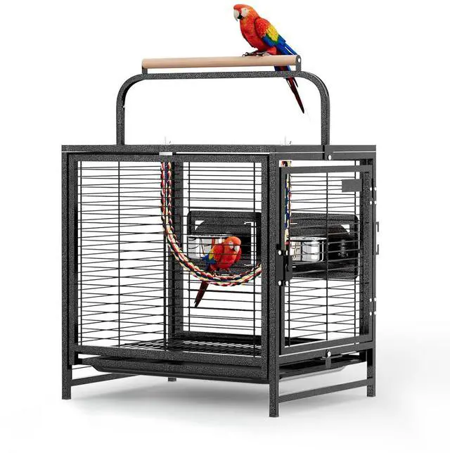 Main image of VINGLI Small Bird Cage, 19 inch Travel Carrier Bird Cage with Handle, Wrought Iron Parakeet Cage with Wooden Perch for Parrot Lovebirds Finches Small/Medium Birds (Hammertone Black)