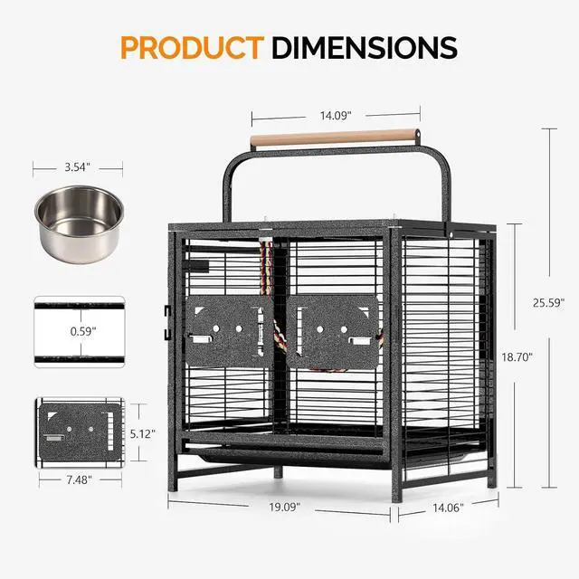 Alt view image 5 of 7 - VINGLI Small Bird Cage, 19 inch Travel Carrier Bird Cage with Handle, Wrought Iron Parakeet Cage with Wooden Perch for Parrot Lovebirds Finches Small/Medium Birds (Hammertone Black)