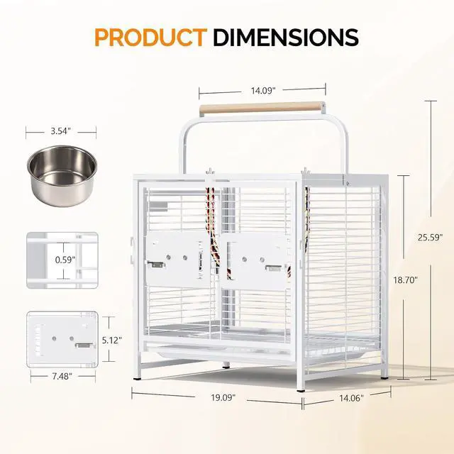 Alt view image 6 of 7 - VINGLI Small Bird Cage, 19 inch Travel Carrier Bird Cage with Handle, Wrought Iron Parakeet Cage with Wooden Perch for Parrot Lovebirds Finches Small/Medium Birds (White)