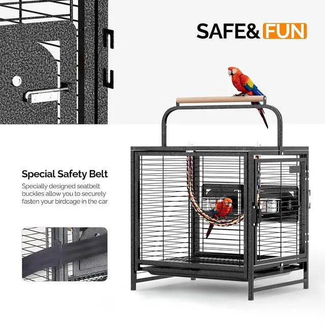 Alt view image 6 of 7 - VINGLI Small Bird Cage, 19 inch Travel Carrier Bird Cage with Handle, Wrought Iron Parakeet Cage with Wooden Perch for Parrot Lovebirds Finches Small/Medium Birds (Hammertone Black)
