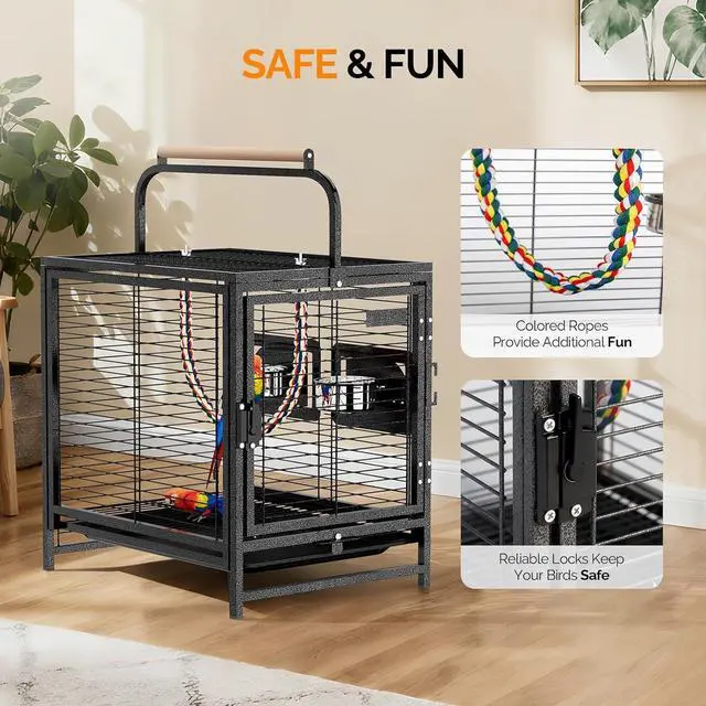 Alt view image 7 of 7 - VINGLI Small Bird Cage, 19 inch Travel Carrier Bird Cage with Handle, Wrought Iron Parakeet Cage with Wooden Perch for Parrot Lovebirds Finches Small/Medium Birds (Hammertone Black)