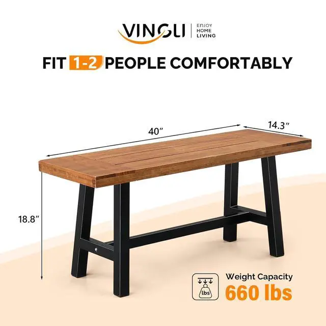 Alt view image 3 of 7 - VINGLI Outdoor Bench with Metal Legs Rustic, Wood Dining Bench Indoor Outdoor Porch Benches for Yard Garden Dining (40in)