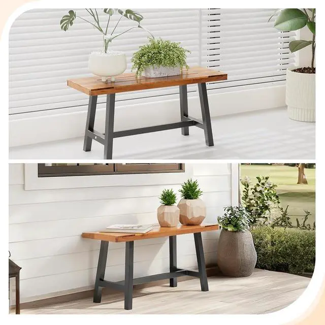 Alt view image 7 of 7 - VINGLI Outdoor Bench with Metal Legs Rustic, Wood Dining Bench Indoor Outdoor Porch Benches for Yard Garden Dining (40in)
