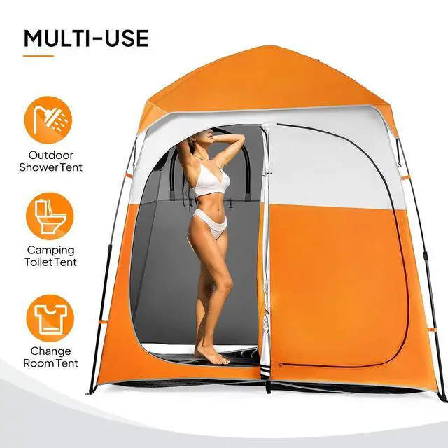 Alt view image 5 of 7 - VINGLI 2 Room Shower Tent, 7.5 FT Instant Pop Up Shelter with Carrying Bag, Privacy Changing Room Tent,Perfect for Portable Toilet, Camping, Dressing, Outdoor Indoor, Easy Set Up (Orange White)