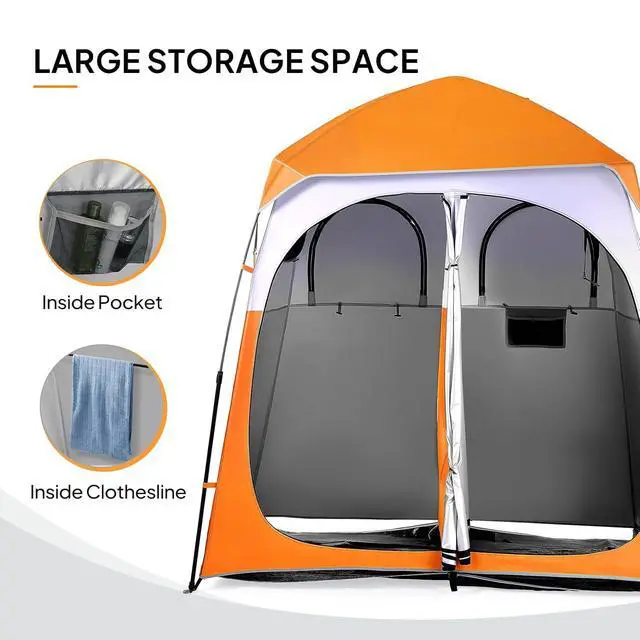 Alt view image 6 of 7 - VINGLI 2 Room Shower Tent, 7.5 FT Instant Pop Up Shelter with Carrying Bag, Privacy Changing Room Tent,Perfect for Portable Toilet, Camping, Dressing, Outdoor Indoor, Easy Set Up (Orange White)