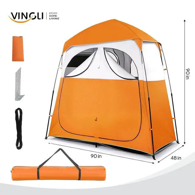 Alt view image 7 of 7 - VINGLI 2 Room Shower Tent, 7.5 FT Instant Pop Up Shelter with Carrying Bag, Privacy Changing Room Tent,Perfect for Portable Toilet, Camping, Dressing, Outdoor Indoor, Easy Set Up (Orange White)