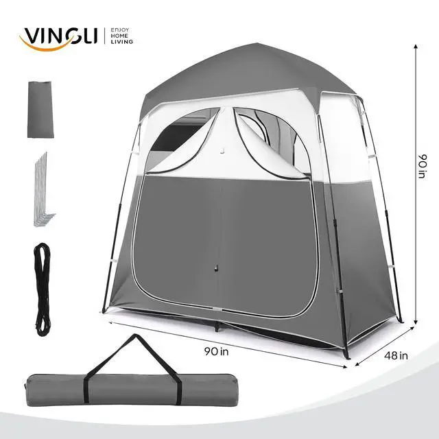 Alt view image 6 of 7 - VINGLI 2 Room Shower Tent, 7.5 FT Instant Pop Up Shelter with Carrying Bag, Privacy Changing Room Tent,Perfect for Portable Toilet, Camping, Dressing, Outdoor Indoor, Easy Set Up (Grey White)