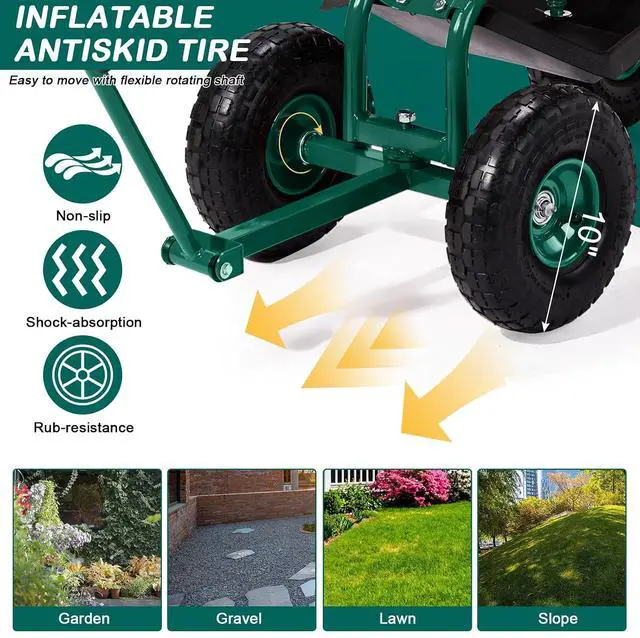 Alt view image 4 of 7 - VINGLI Garden Cart with Rolling Seat, Wheels, Adjustable Steering Handle & Utility Tool Tray, Planting Wagon Scooter, Gardening Tool for Senior, for Patio, Backyard, Lawn & Outdoor (Green)