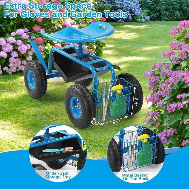 Alt view image 5 of 7 - VINGLI Garden Cart with Rolling Seat, Wheels, Steering Handle & Utility Tool Tray, Planting Wagon Scooter, Gardening Tool for Senior, for Patio, Backyard, Lawn & Outdoor (Blue)