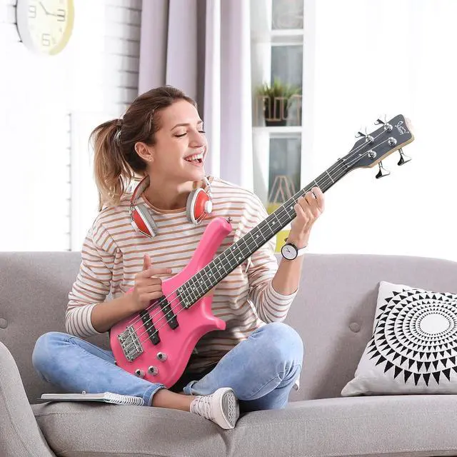 Alt view image 2 of 7 - GLARRY 4 String Electric Bass Guitar, 36-inch Bass Guitar Beginner Kit with Cable, Strap and Bag for All Skill Level, Adults,Travel (Pink)