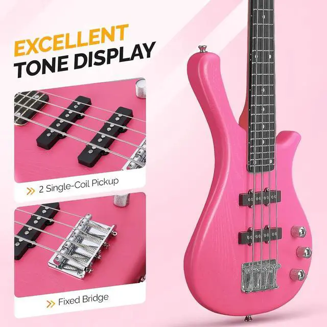 Alt view image 3 of 7 - GLARRY 4 String Electric Bass Guitar, 36-inch Bass Guitar Beginner Kit with Cable, Strap and Bag for All Skill Level, Adults,Travel (Pink)