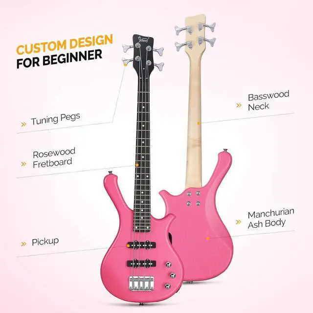 Alt view image 5 of 7 - GLARRY 4 String Electric Bass Guitar, 36-inch Bass Guitar Beginner Kit with Cable, Strap and Bag for All Skill Level, Adults,Travel (Pink)