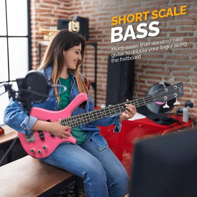 Alt view image 6 of 7 - GLARRY 4 String Electric Bass Guitar, 36-inch Bass Guitar Beginner Kit with Cable, Strap and Bag for All Skill Level, Adults,Travel (Pink)