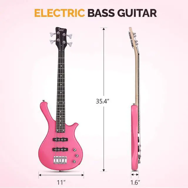 Alt view image 7 of 7 - GLARRY 4 String Electric Bass Guitar, 36-inch Bass Guitar Beginner Kit with Cable, Strap and Bag for All Skill Level, Adults,Travel (Pink)