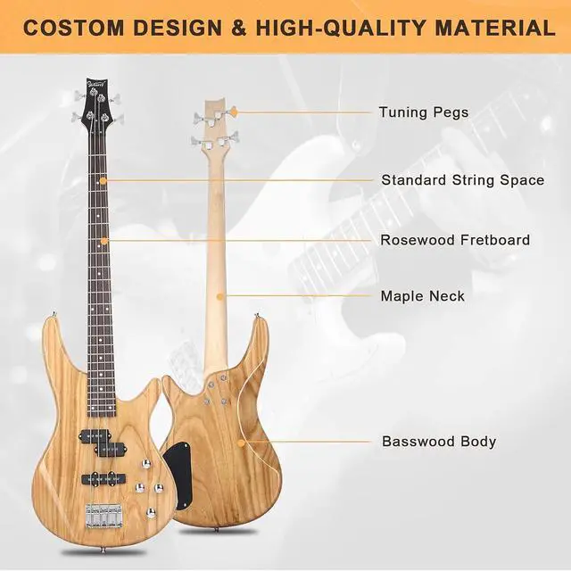 Alt view image 2 of 7 - GLARRY Electric Bass Guitar Full Size 4 String Exquisite Stylish Bass with Power Line, Bag and Wrench Tool (Natural Wood)
