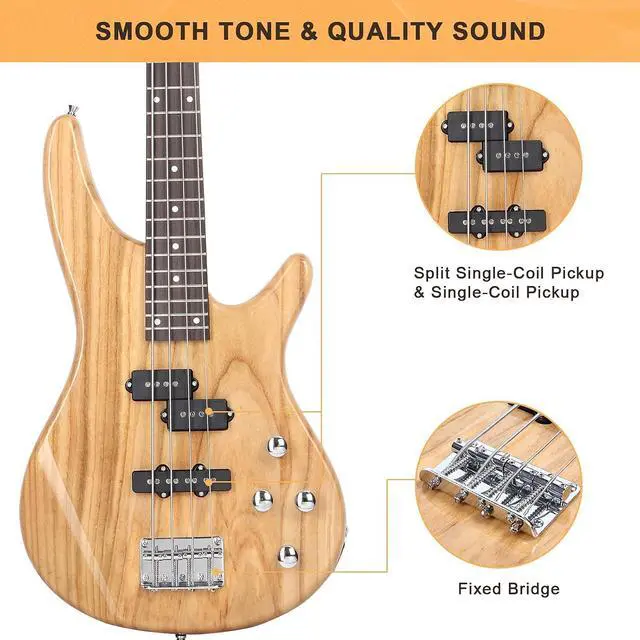 Alt view image 4 of 7 - GLARRY Electric Bass Guitar Full Size 4 String Exquisite Stylish Bass with Power Line, Bag and Wrench Tool (Natural Wood)