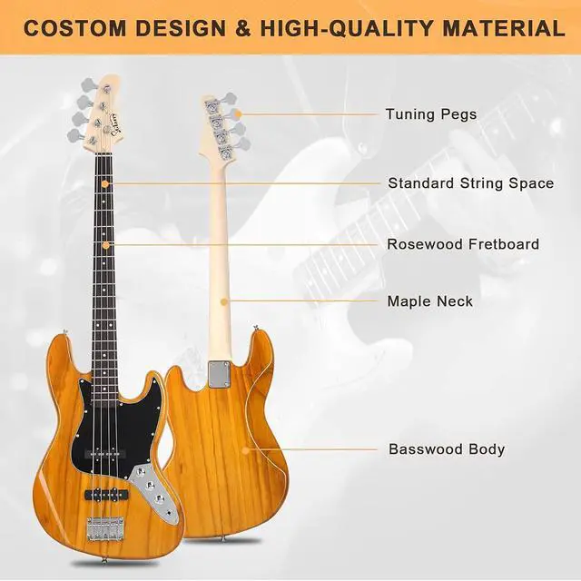 Alt view image 2 of 7 - GLARRY 4 String GJazz Electric Bass Guitar Full Size Right Handed with Guitar Bag, Amp Cord and Beginner Kits (Transparent Yellow)