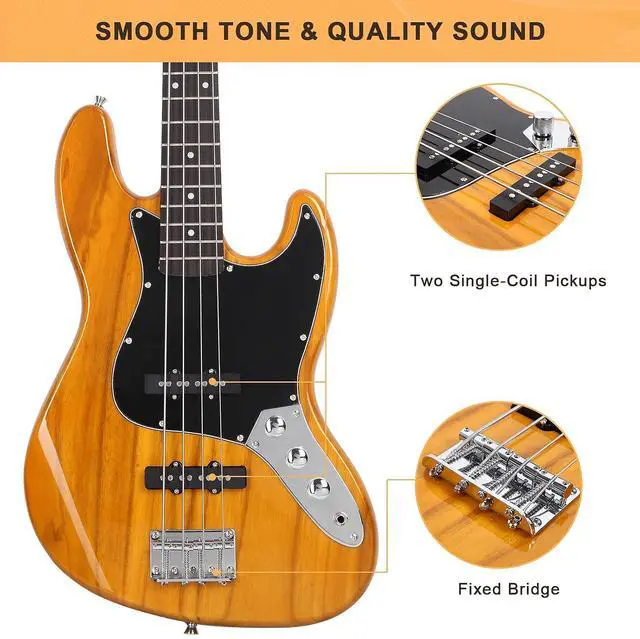 Alt view image 4 of 7 - GLARRY 4 String GJazz Electric Bass Guitar Full Size Right Handed with Guitar Bag, Amp Cord and Beginner Kits (Transparent Yellow)