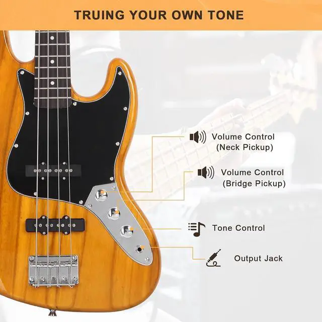 Alt view image 5 of 7 - GLARRY 4 String GJazz Electric Bass Guitar Full Size Right Handed with Guitar Bag, Amp Cord and Beginner Kits (Transparent Yellow)