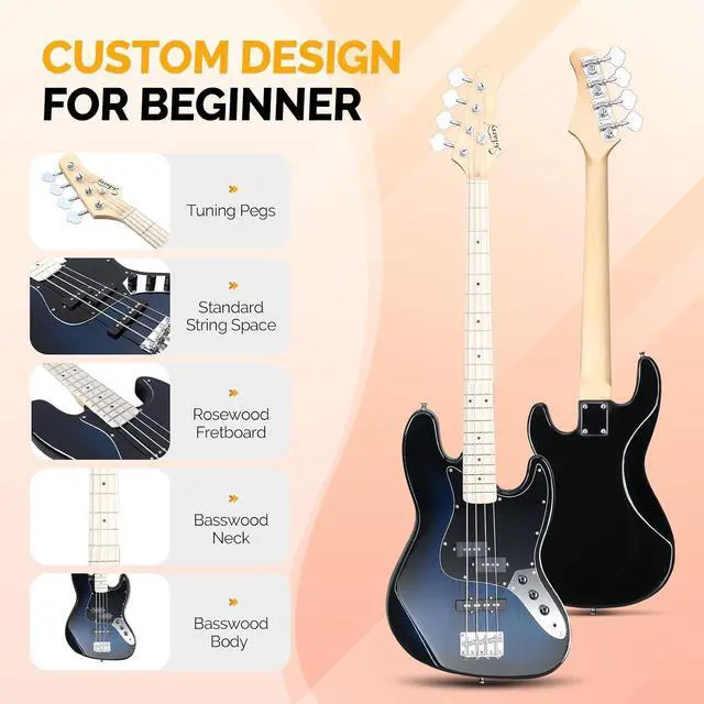 Alt view image 3 of 6 - GLARRY Bass Guitar Full Size 4 String Exquisite Stylish Bass with Guitar Bag Power Line and Wrench Tool (Dark Blue, With AMP)