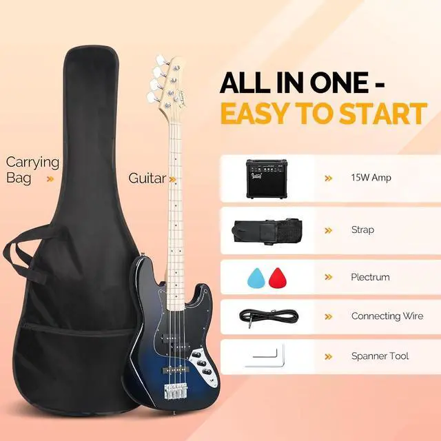 Alt view image 4 of 6 - GLARRY Bass Guitar Full Size 4 String Exquisite Stylish Bass with Guitar Bag Power Line and Wrench Tool (Dark Blue, With AMP)