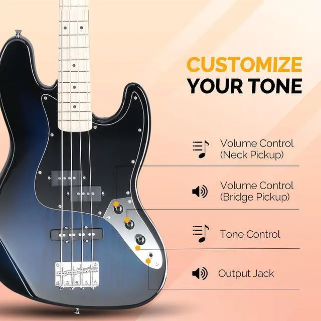 Alt view image 2 of 6 - GLARRY Bass Guitar Full Size 4 String Exquisite Stylish Bass with Guitar Bag Power Line and Wrench Tool (Dark Blue, With AMP)
