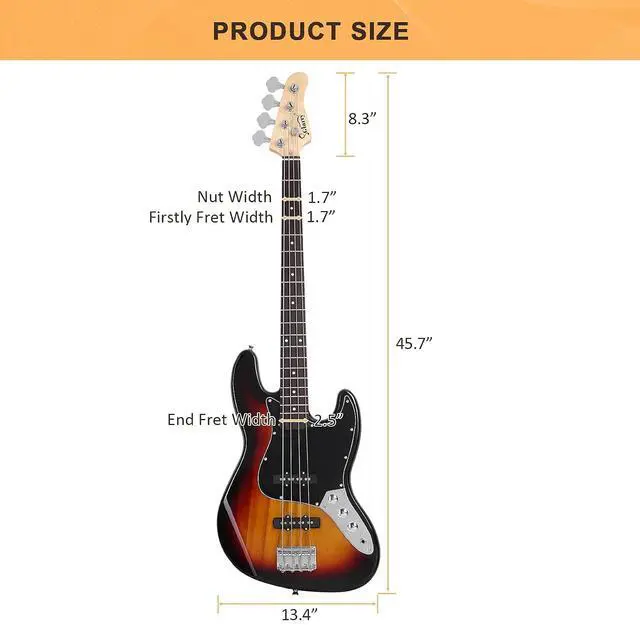 Alt view image 3 of 7 - GLARRY 4 String GJazz Electric Bass Guitar Full Size Right Handed with Guitar Bag, Amp Cord and Beginner Kits (Sunset)