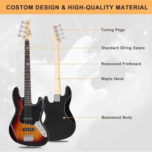 Alt view image 2 of 7 - GLARRY 4 String GJazz Electric Bass Guitar Full Size Right Handed with Guitar Bag, Amp Cord and Beginner Kits (Sunset)