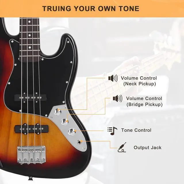 Alt view image 4 of 7 - GLARRY 4 String GJazz Electric Bass Guitar Full Size Right Handed with Guitar Bag, Amp Cord and Beginner Kits (Sunset)