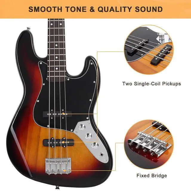 Alt view image 5 of 7 - GLARRY 4 String GJazz Electric Bass Guitar Full Size Right Handed with Guitar Bag, Amp Cord and Beginner Kits (Sunset)