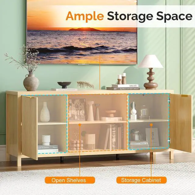 Alt view image 4 of 7 - VINGLI 57.8" TV Stand for 70 Inch TV, Mid Century Modern Media Console with Adjustable Shelves and Cabinet Storage, Elegant Entertainment Center for Living Room, Oak