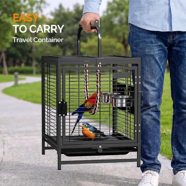 Alt view image 2 of 7 - VINGLI Small Bird Cage, 19 inch Travel Carrier Bird Cage with Handle, Wrought Iron Parakeet Cage with Wooden Perch for Parrot Lovebirds Finches Small/Medium Birds (Matte Black)