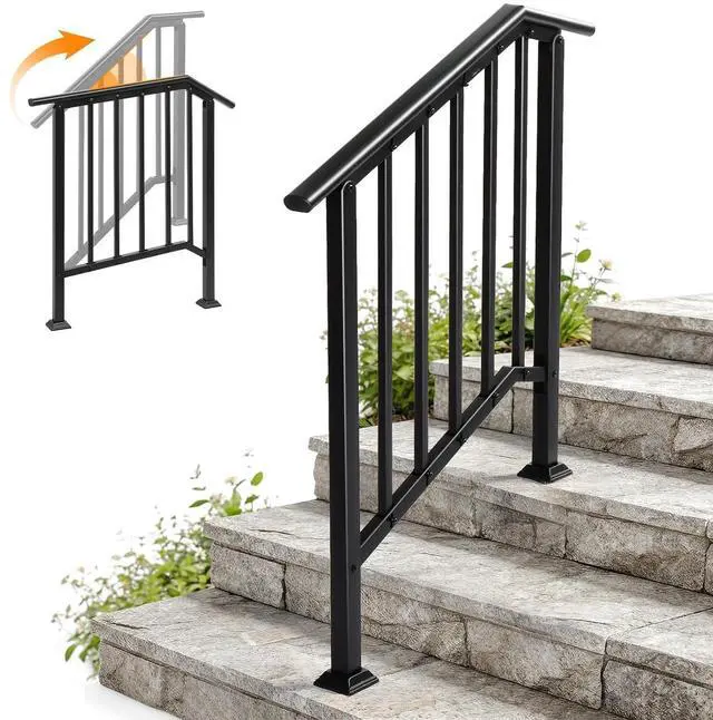 Main image of VINGLI Handrails for Outdoor Steps Fits 2-3 Steps, Stair Handrail with Drainage Holes & Straight Ends, Wrought Iron Hand Rail Stair Railing for Concrete/Porch/Wooden Steps (Black, 2 to 3 Steps)