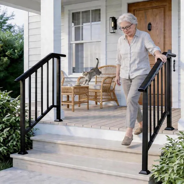 Alt view image 7 of 7 - VINGLI Handrails for Outdoor Steps Fits 2-3 Steps, Stair Handrail with Drainage Holes & Straight Ends, Wrought Iron Hand Rail Stair Railing for Concrete/Porch/Wooden Steps (Black, 2 to 3 Steps)