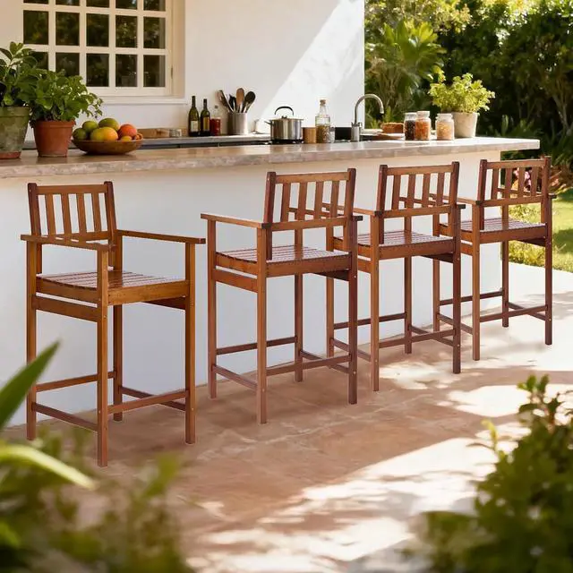 Alt view image 2 of 7 - VINGLI Outdoor Bar Stools, Solid Wood Bar Stools Set of 2 Counter Height Bar Chairs for Outdoor Patio Garden Lawn