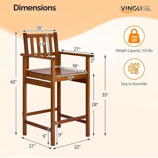 Alt view image 3 of 7 - VINGLI Outdoor Bar Stools, Solid Wood Bar Stools Set of 2 Counter Height Bar Chairs for Outdoor Patio Garden Lawn