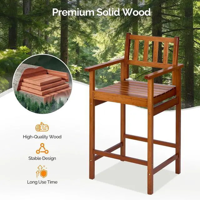 Alt view image 4 of 7 - VINGLI Outdoor Bar Stools, Solid Wood Bar Stools Set of 2 Counter Height Bar Chairs for Outdoor Patio Garden Lawn